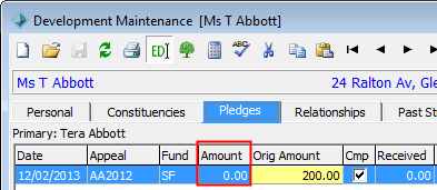 Development Maintenance - Pledges tab (Amount grid field highlighted)