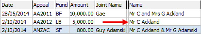 Development Maintenance - Pledges tab (cut down, Name field)