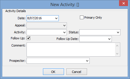 Development Maintenance - Prospect Tracking tab (Add new activity window)