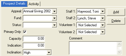 Development Maintenance - Prospect Tracking tab (cut down)