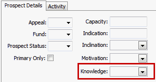 Development Maintenance - Prospect Tracking tab(cut down, Knowledge highlighted)