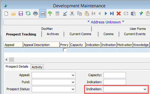 Development Maintenance - Prospect Tracking tab (Inclination field highlighted)