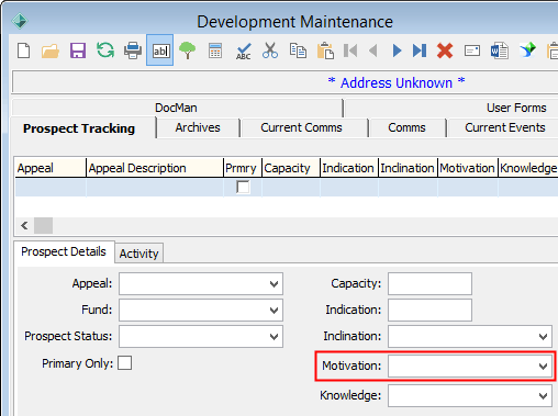 Development Maintenance - Prospect Tracking tab (Motivation field highlighted)