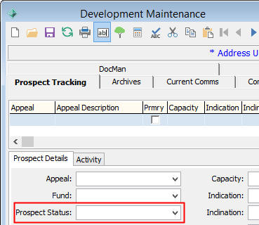 Development Maintenance - Prospect Tracking tab (Prospect Status field highlighted)