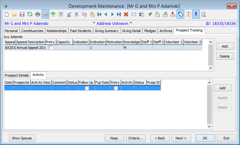 Development Maintenance - Prospect Tracking tab - Activity sub tab