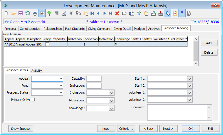 Development Maintenance - Prospect Tracking tab