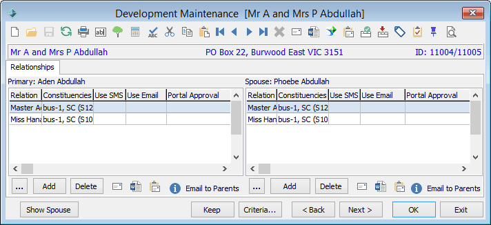 Development Maintenance - Relationships tab