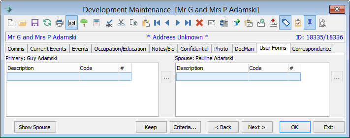 Development Maintenance - User Forms tab