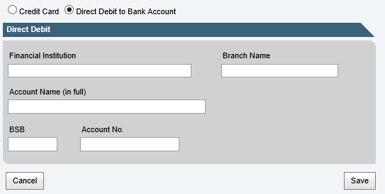 Direct debit options (Manage Stored Cards tab)