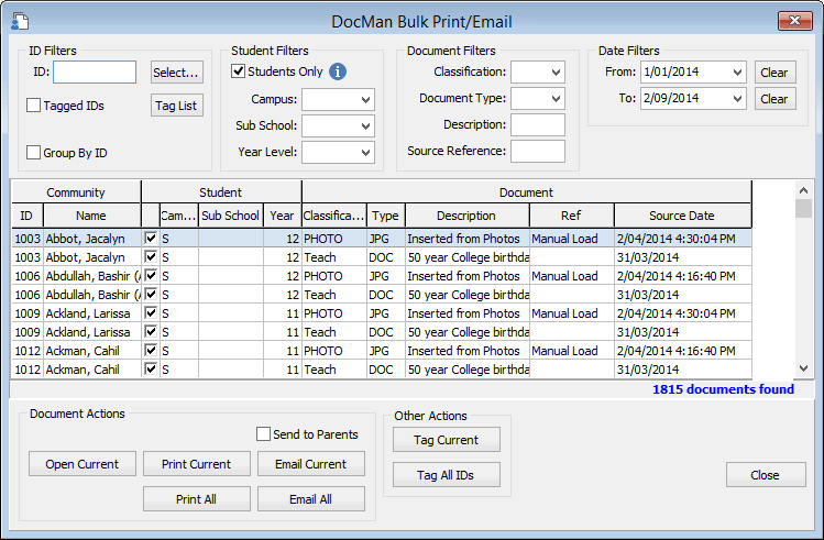 DocMan Bulk Print window (cut down)
