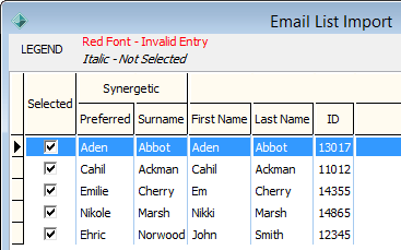 Email List Import (cutdown, initial selected records highlighted)