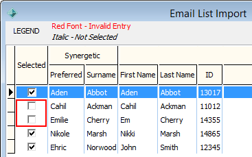 Email List Import  (cutdown, selected records highlighted)