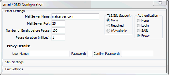 Email / SMS Configuration (Email Settings area, cut down)
