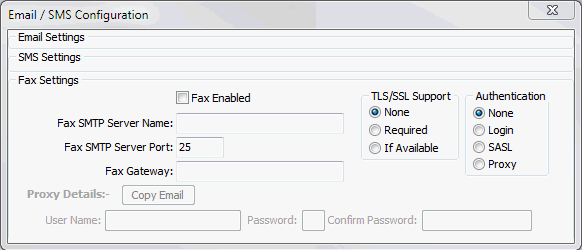 Email / SMS Configuration (Fax Settings area, cut down)