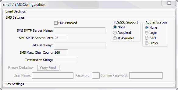 Email / SMS Configuration window (SMS Settings area, cut down)