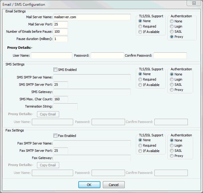Email / SMS Configuration (Email/SMS configuration, fax configuration, SMS/Email configuration)