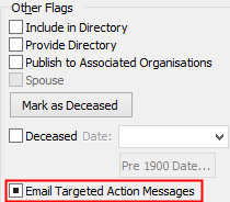 Email Targeted Action Messages field (Community Maintenance - Flags tab, cut-down)
