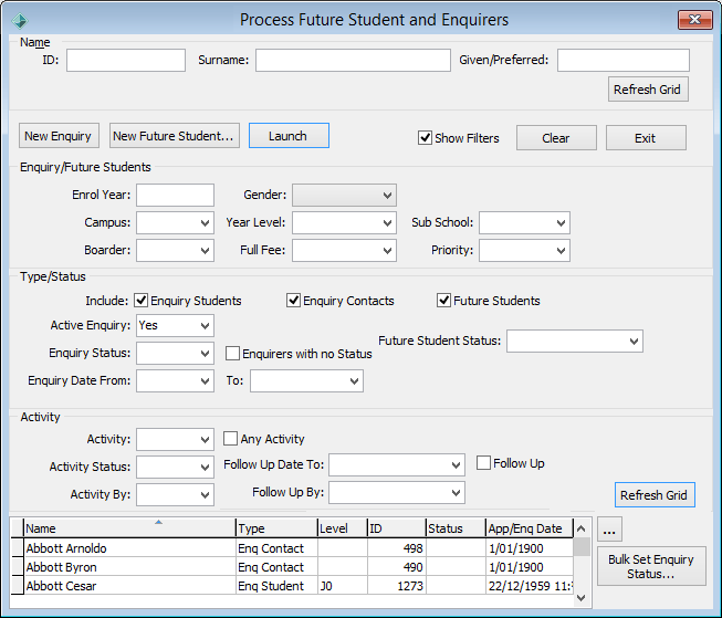 Enquiry-Future Student Maintenance (Process Future Student and Enquirers, with filters, cut down)