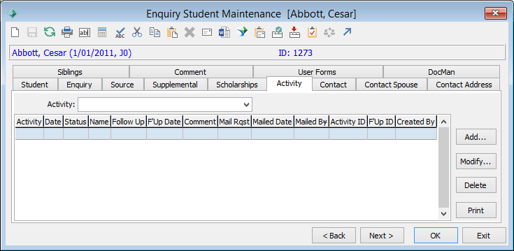 Enquiry Student Maintenance - Activity tab