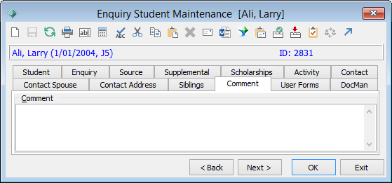 Enquiry Student Maintenance - Comment tab