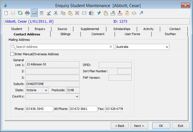 Enquiry Student Maintenance - Contact Address tab