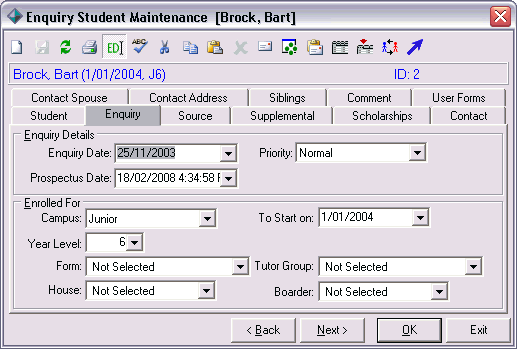 Enquiry Student Maintenance - Enquiry tab