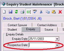 Enquiry Student Maintenance - Enquiry tab (highlighted Prospectus Date)