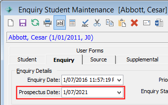 Enquiry Student Maintenance - Enquiry tab (Prospectus Date field)