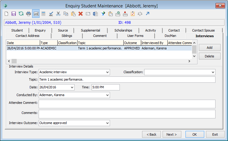 Enquiry Student Maintenance - Interviews tab