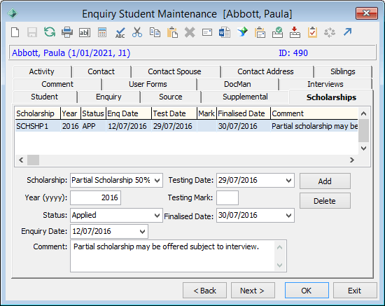 Enquiry Student Maintenance - Scholarships tab