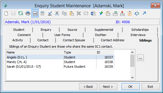 Enquiry Student Maintenance - Siblings tab