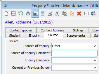 Future Student Maintenance - Source tab (Enquiry Campaign)