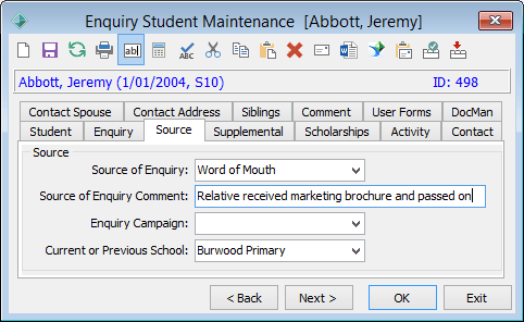 Enquiry Student Maintenance - Source tab