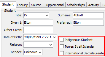 Enquiry Student Maintenance - Student tab (v67 flag fields)