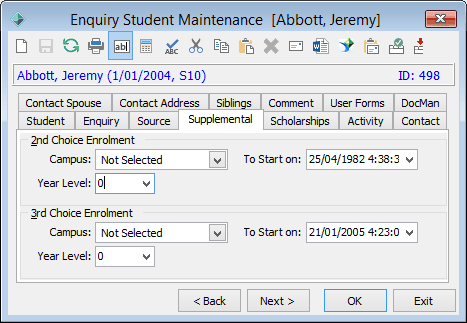 Enquiry Student Maintenance - Supplemental tab