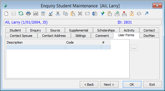 Enquiry Student Maintenance - User Forms tab