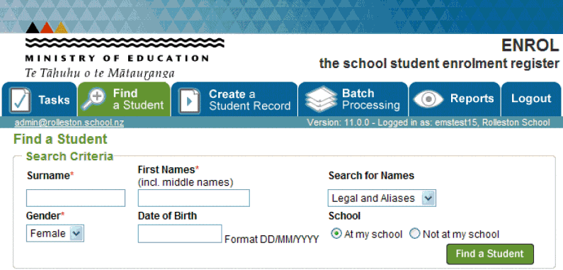 ENROL - Find a Student tab