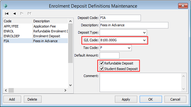 Enrolment Deposit Definitions Maintenance (Fees in Advance example)