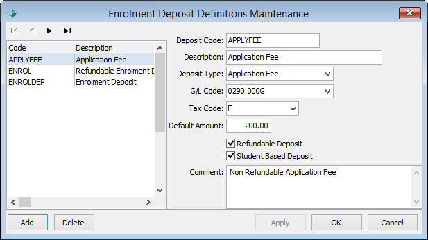 Enrolment Deposit Definitions Maintenance