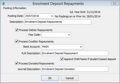 Enrolment Deposit Repayments - Posting Information window