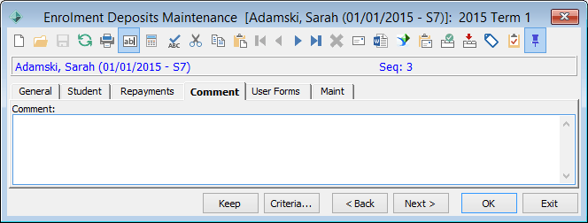 Enrolment Deposits Maintenance - Comment tab