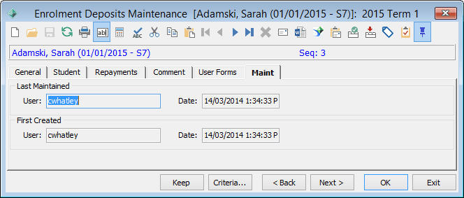 Enrolment Deposits Maintenance - Maint tab