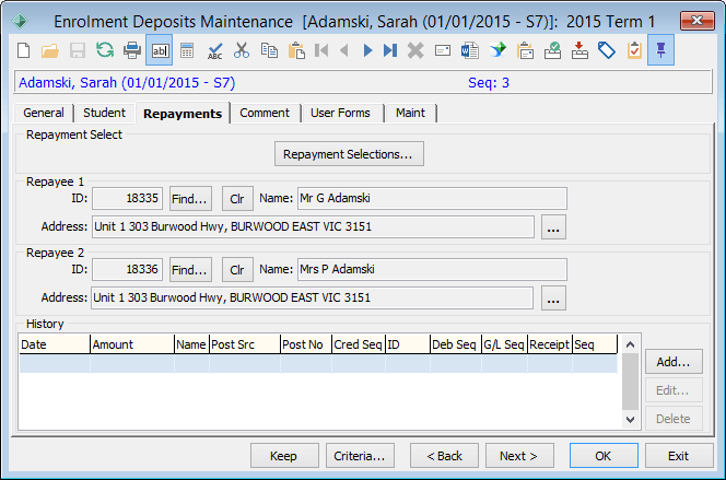 Enrolment Deposits Maintenance - Repayments tab