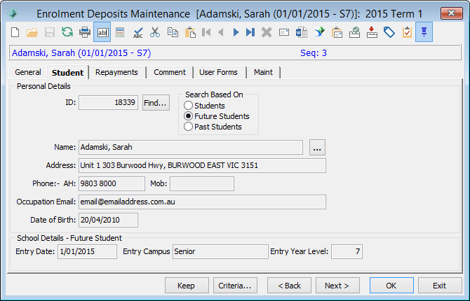 Enrolment Deposits Maintenance - Student (or Contact) tab