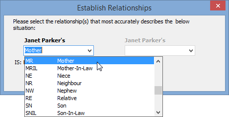 Establish Relationships window (drop-down expanded)