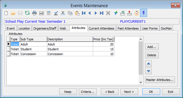 Events Maintenance - Attributes tab