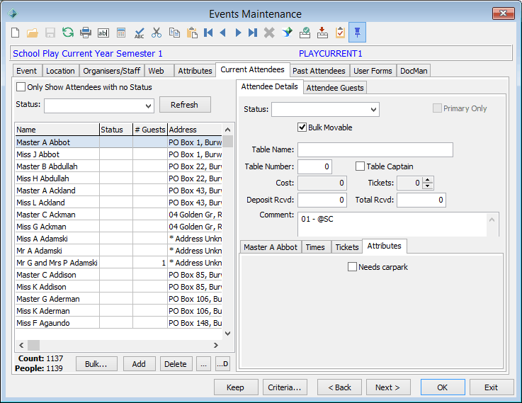 Events Maintenance - Current Attendees tab - Attendee Details sub-tab - Attributes sub-tab