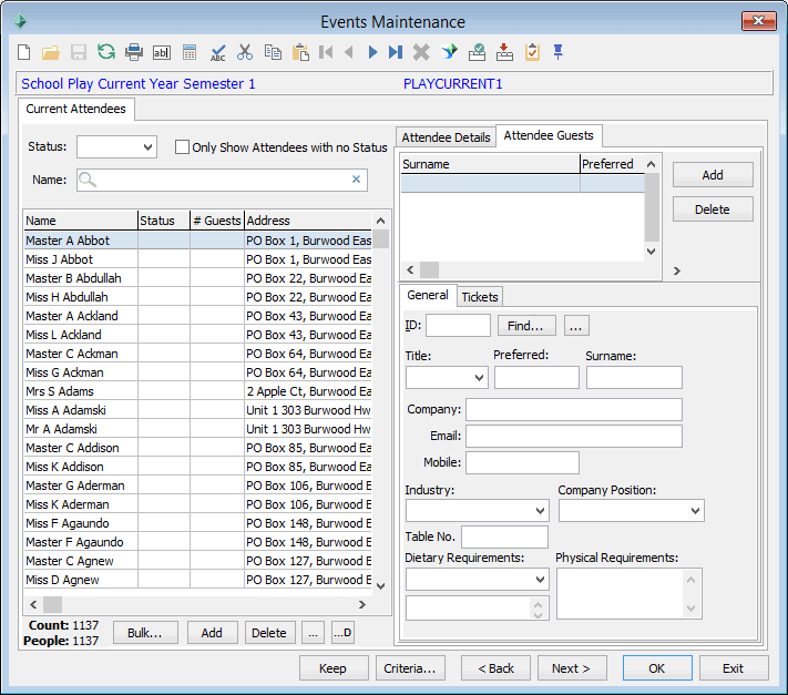 Events Maintenance - Current Attendees tab - Attendee Guests sub-tab