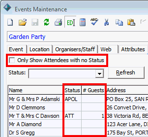 Events Maintenance - Current Attendees tab - Attendees grid (status, guests highlighted, cut down)