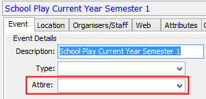 Events Maintenance - Development tab (attire field, highlighted)